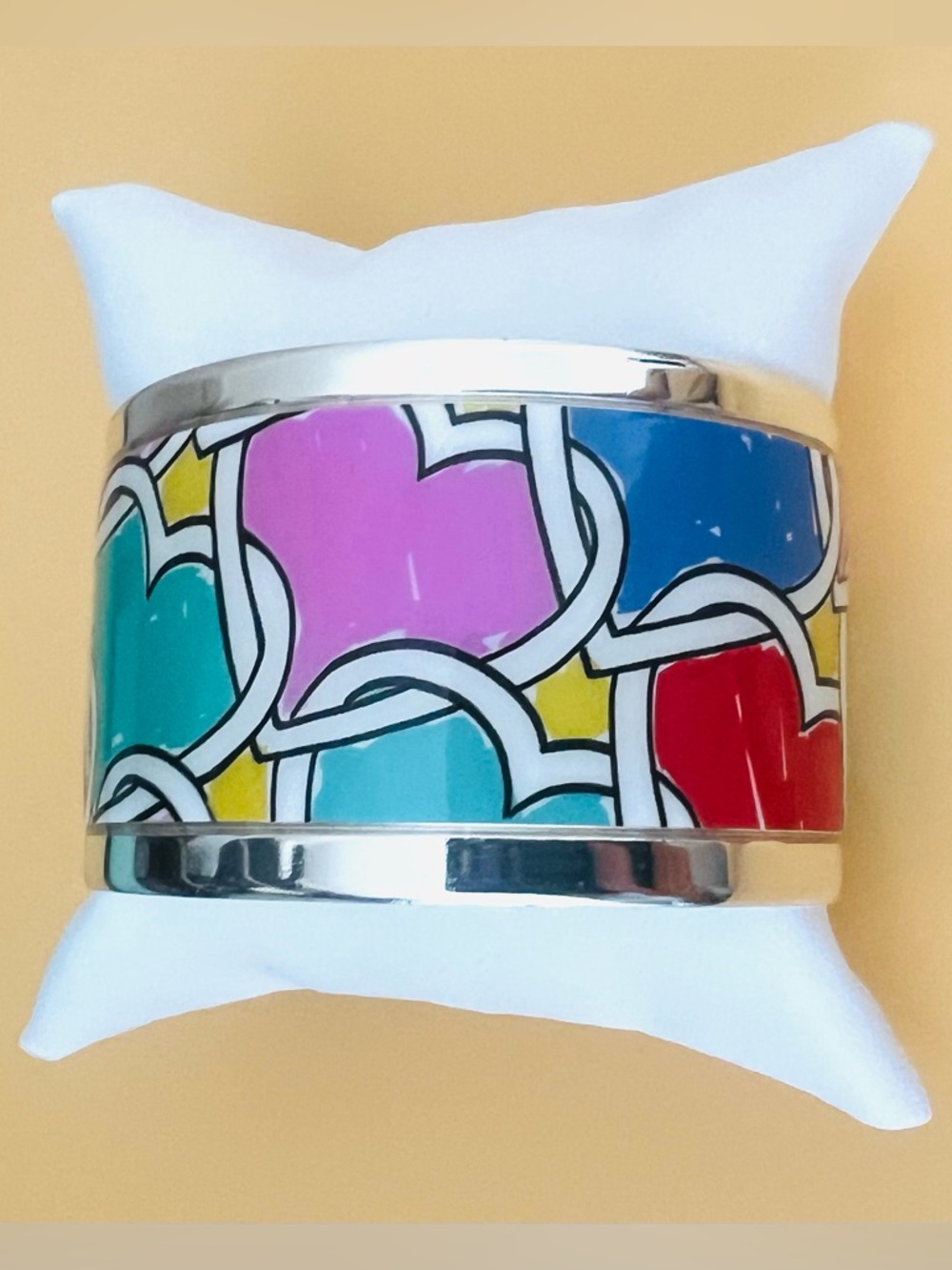 Colorful Heart Pattern Silver Cuff Bracelet